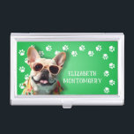 Dog Walker Paw Prints Business Card Holder<br><div class="desc">This business card holder,  personalised with your name,  features a cute French Bulldog on bright green with a white paw print border. Fun as a gift or a great way to carry your own business cards.</div>