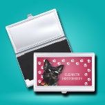 Dog Walker Paw Prints Business Card Holder<br><div class="desc">This business card holder,  personalised with your name,  features a cute black miniature schnauzer on hot pink with a white paw print border. Fun as a gift or a great way to carry your own business cards.</div>