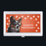 Dog Walker Paw Prints Business Card Holder<br><div class="desc">This business card holder,  personalised with your name,  features a cute terrier puppy on bright orange with a white paw print border. Fun as a gift or a great way to carry your own business cards.</div>