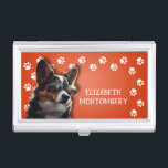 Dog Walker Paw Prints Business Card Holder<br><div class="desc">This business card holder,  personalised with your name,  features a cute terrier puppy on bright orange with a white paw print border. Fun as a gift or a great way to carry your own business cards.</div>