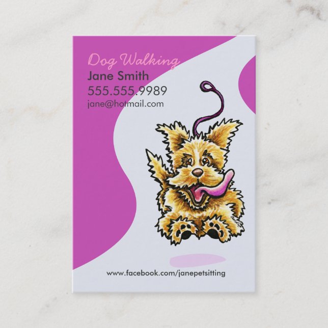 Dog Walker Pet Care Leashed Terrier Purple Business Card (Front)
