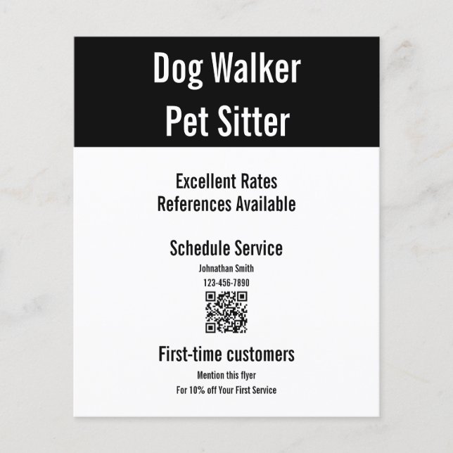 Dog Walker Pet Sitter Black White QR Code Template Flyer (Front)