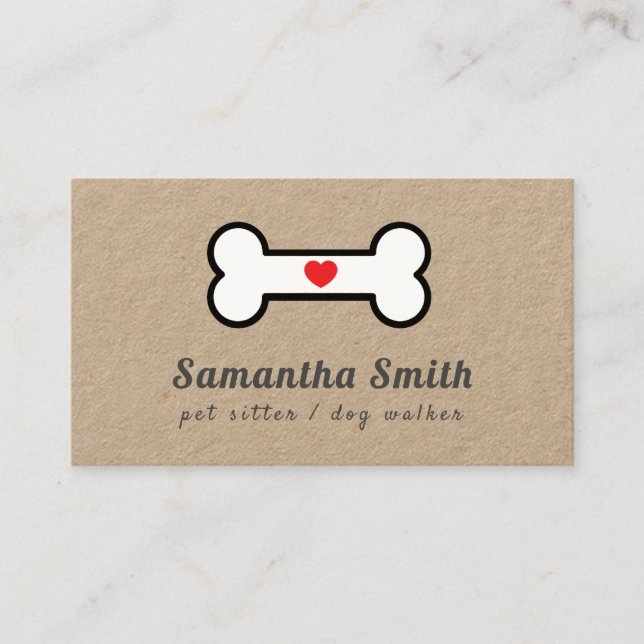 Dog Walker Pet Sitter Dog Bone Heart Kraft  Business Card (Front)