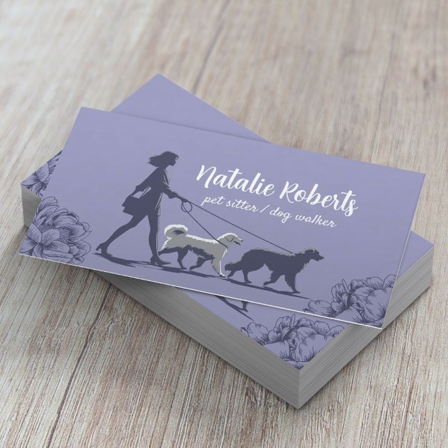 Dog Walker Pet Sitter Girl & Dogs Floral Lavender Business Card (Creator Uploaded)