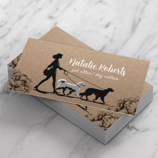 Dog Walker Pet Sitter Girl & Dogs Rustic Kraft Business Card