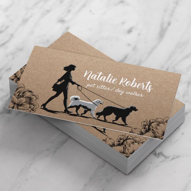 Dog Walker Pet Sitter Girl & Dogs Rustic Kraft Business Card (Creator Uploaded)