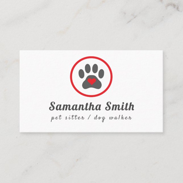Dog Walker Pet Sitter Paw Heart Business Card (Front)