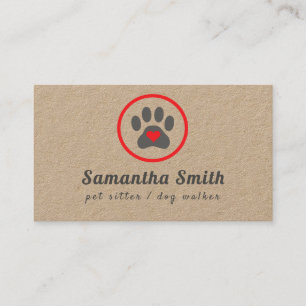 Dog Walker Pet Sitter Paw Heart Kraft Business Card
