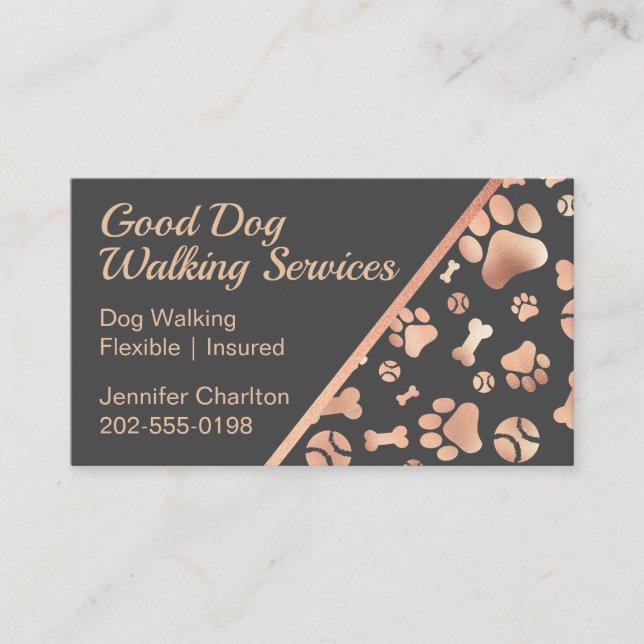 Dog Walker Pet Sitter Paw Print Rose Gold Business Card (Front)