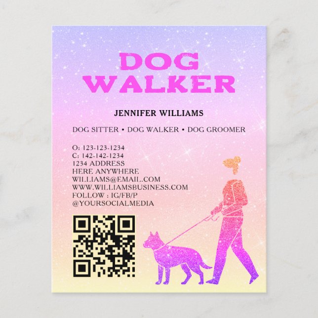 Dog Walker Pink Gold Glitter QR Code Pet Services Flyer (Front)