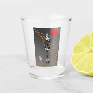 Dog Walker Rainy Day & Autumn Leaves Shot Glass