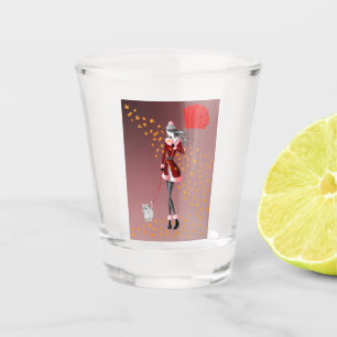 Dog Walker Rainy Day & Autumn Leaves  Shot Glass