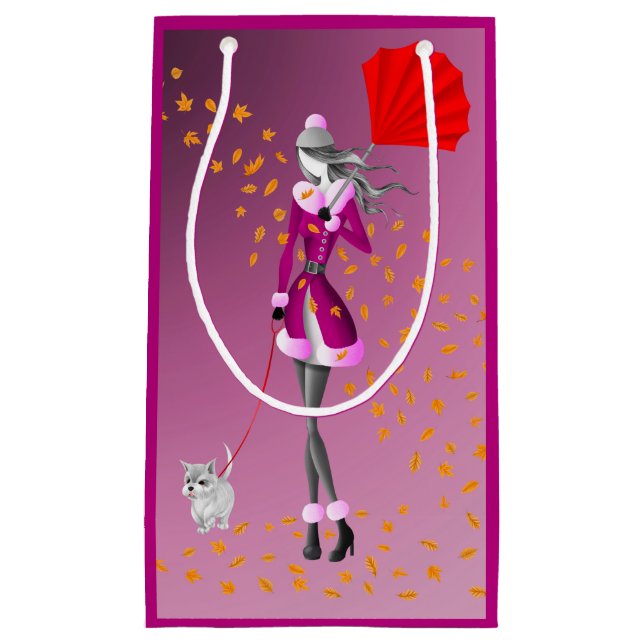 Dog Walker Red Umbrella in Autumn Small Gift Bag (Front)