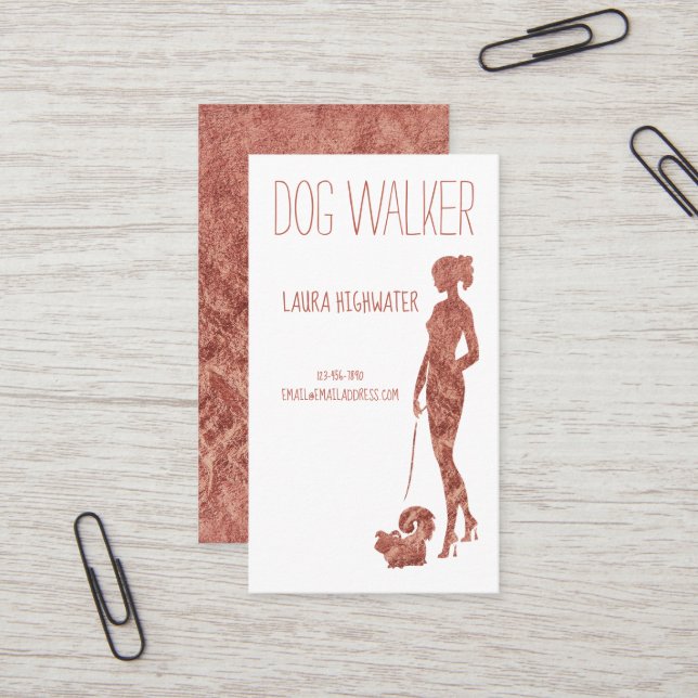 Dog Walker Silhouette Rose Gold Faux Foil Pet Business Card (Front/Back In Situ)