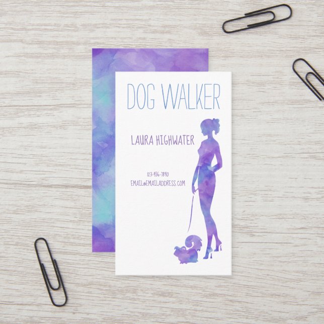 Dog Walker Silhouette Watercolor Purple Pet Sitter Business Card (Front/Back In Situ)