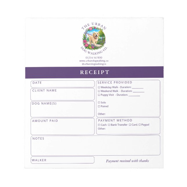 Dog Walker Trainer Receipt Invoice Pad Labrador (Front)