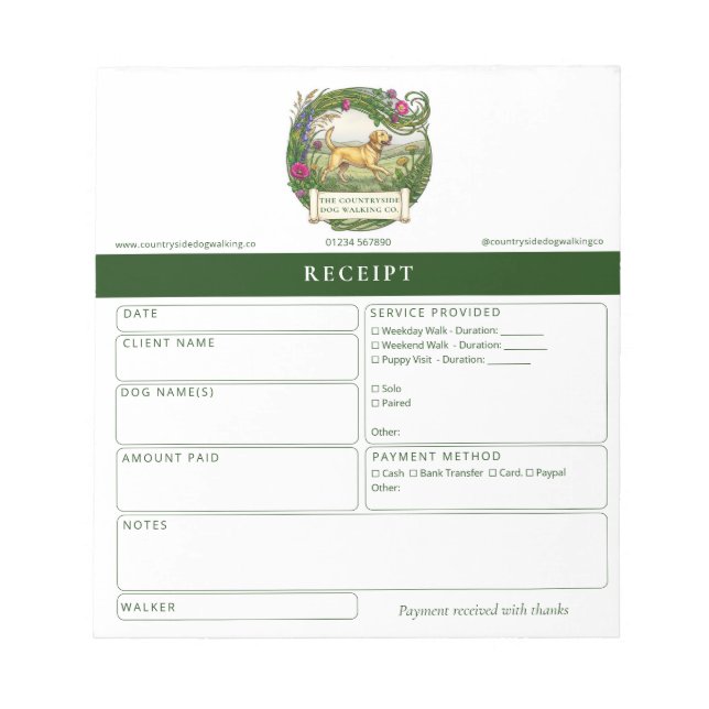 Dog Walker Trainer Receipt Invoice Pad Labrador (Front)