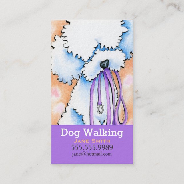 Dog Walker White Poodle Purple Business Card (Front)
