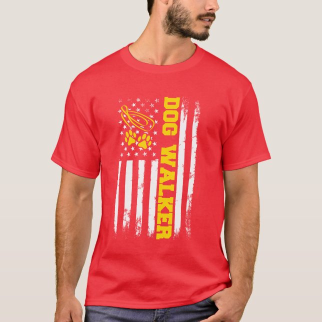 Dog WalkerDog Walking Dog Lover American Flag Dog  T-Shirt (Front)