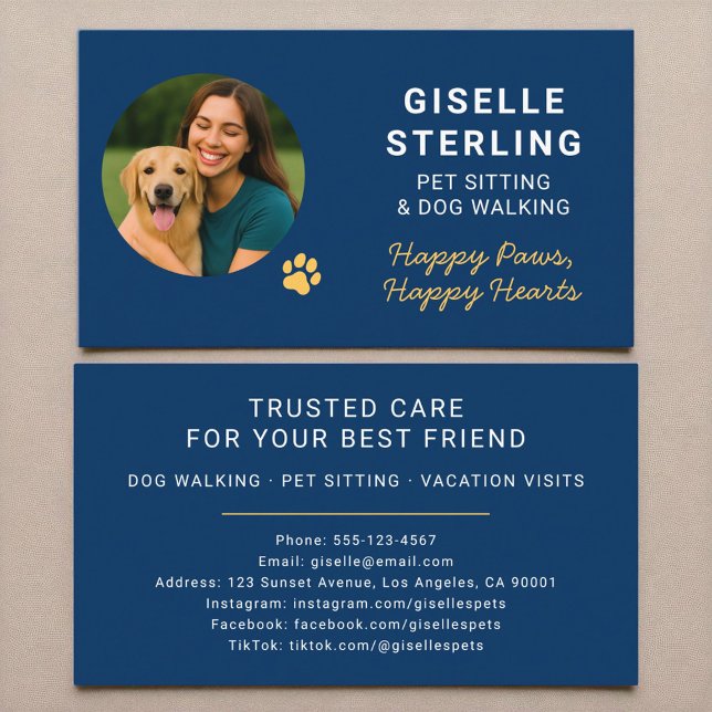 Dog Walking and Pet Sitting Navy Blue Modern Business Card (Creator Uploaded)