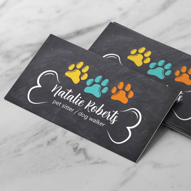Dog Walking Custom Colour Paw Pet Sitter Chalkboar Business Card (Creator Uploaded)