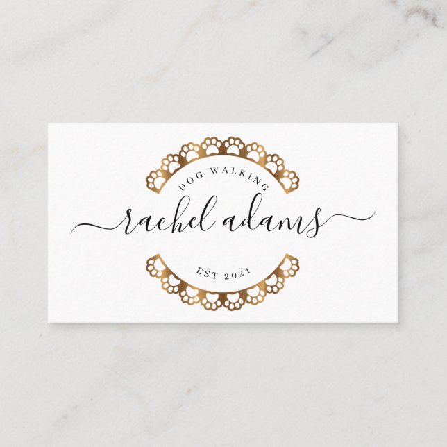 Dog walking.dog sitting,dog grooming in gold busin business card (Front)