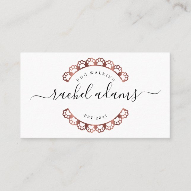 Dog walking.dog sitting,dog grooming in rose gold  business card (Front)