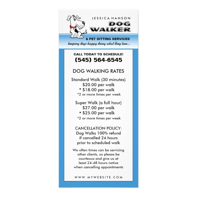 Dog Walking & Pet Sitting Blue & White Rack Card (Front)