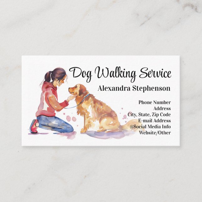 Dog Walking Service Pet Care Watercolor Business Card (Front)