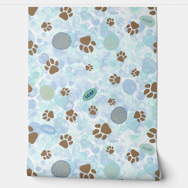 Dog Wash In Bubble Bath Soap And Sponge Wallpaper (Unrolling)