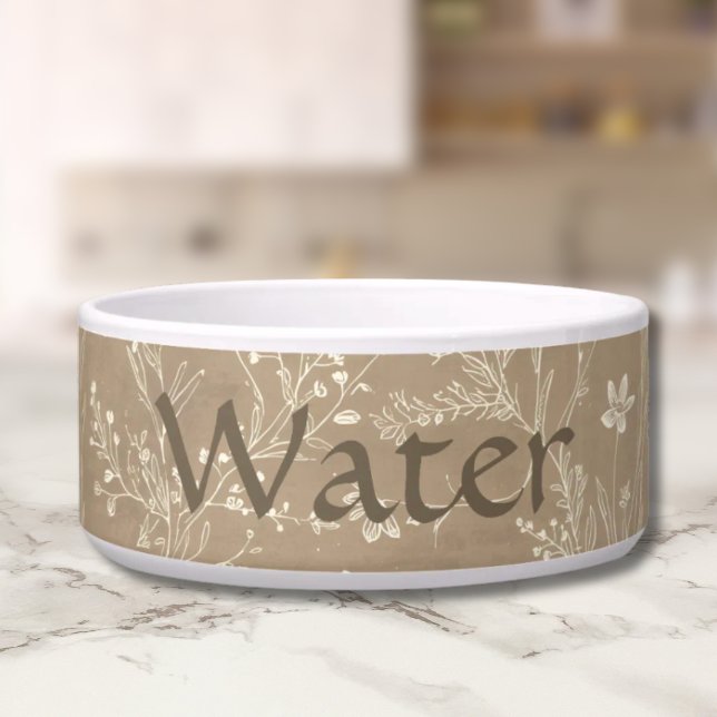 Dog Water Bowl - Brown Botanical. Personalized (Personalized Brown Botanical Pet Water Bowl)