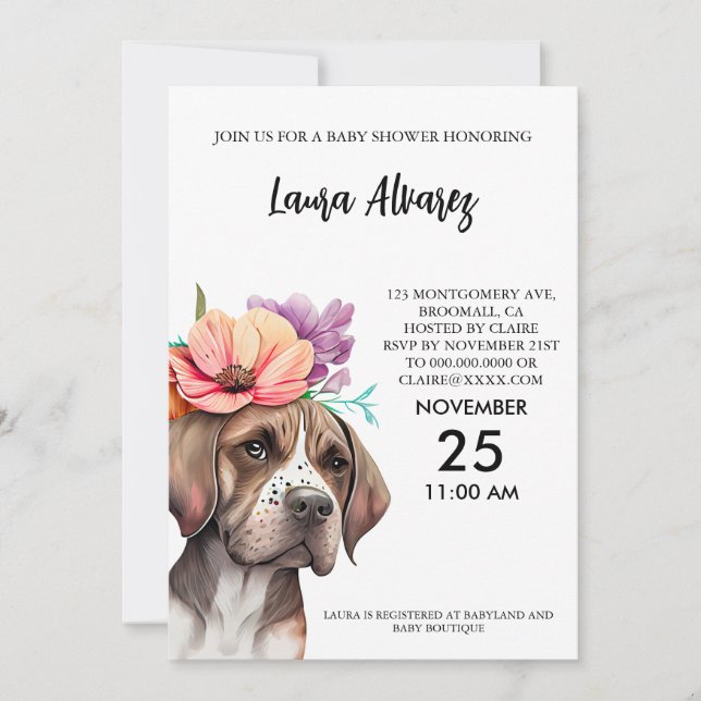Dog Watercolor Flowers Baby Shower Invitation (Front)