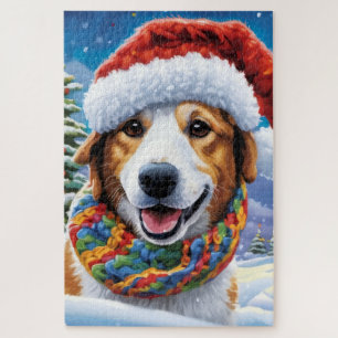 Dog wearing a cheerful Santa hat Jigsaw Puzzle
