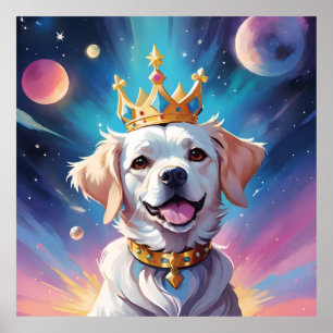 Dog wearing a crown in space poster