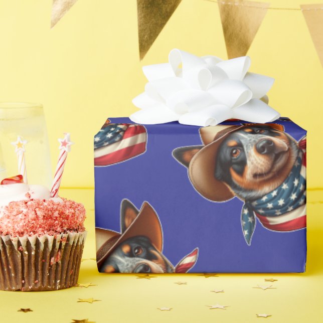 Dog Wearing a Hat and American Flag Bandanna Wrapping Paper (Birthday Party)