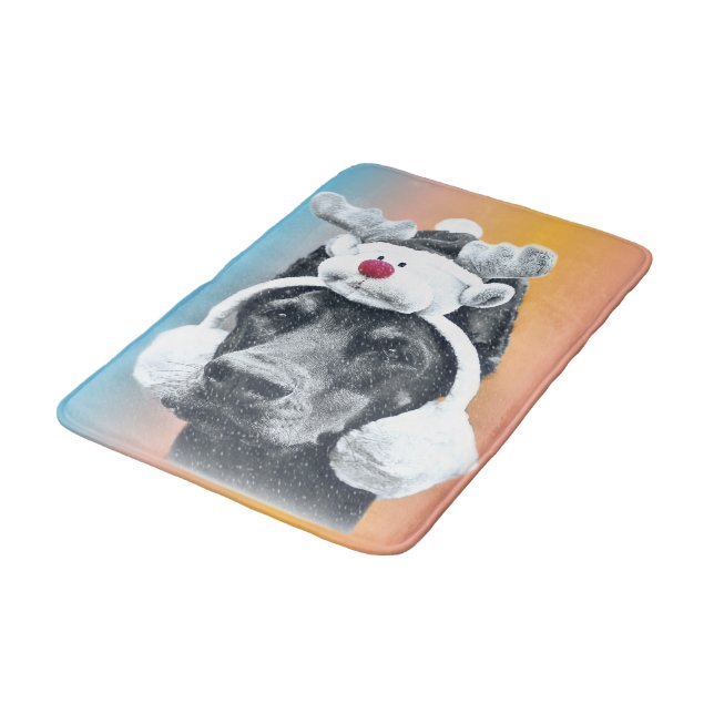 Dog wearing a Reindeer Hat Bath Mat (Angled)