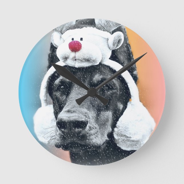 Dog wearing a  Reindeer Hat Round Clock (Front)