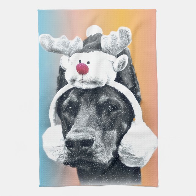 Dog wearing a  Reindeer Hat Tea Towel (Vertical)
