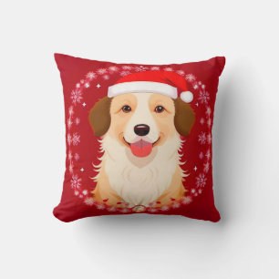 Dog Wearing a Santa Hat with Snowflake Frame Cushion