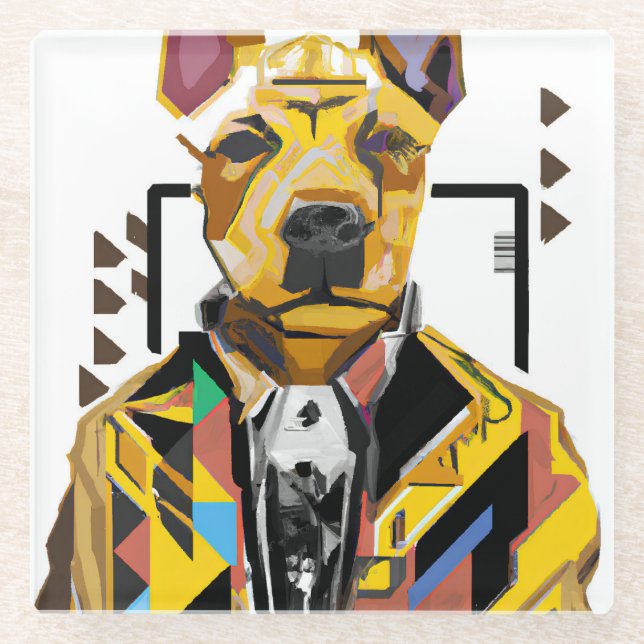 Dog Wearing a Suit: Digital Art Glass Coaster (Front)