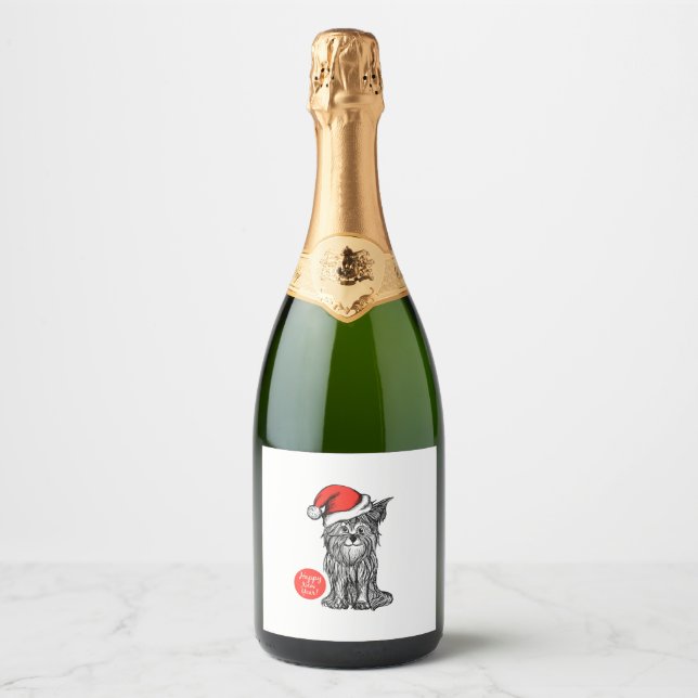 Dog wearing Christmas Hat   Sparkling Wine Label (Front)