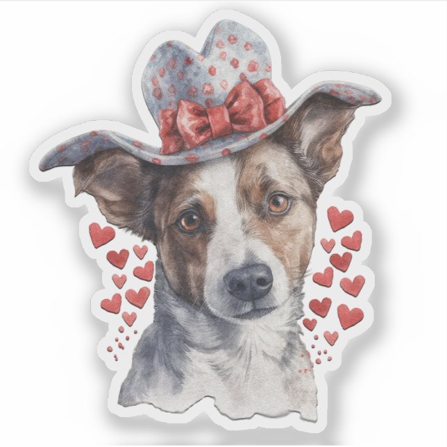 Dog Wearing Hat on its Head Valentine Sticker (Front)