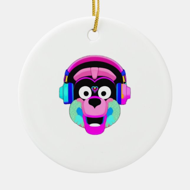 Dog wearing headphones and having fun ceramic tree decoration (Front)