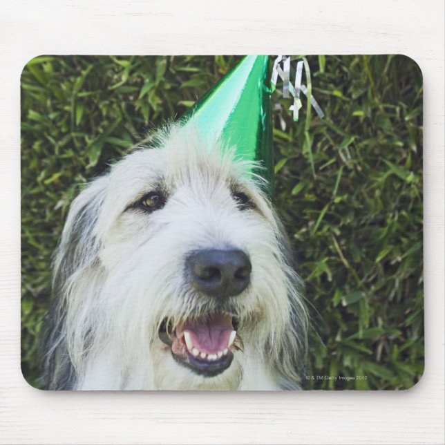 Dog wearing party hat mouse mat (Front)