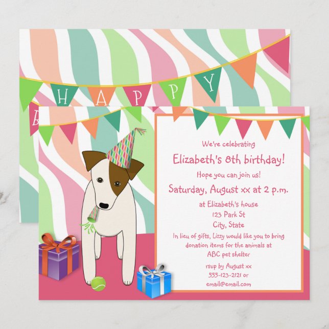 dog wearing party hat pink girl's birthday party invitation (Front/Back)