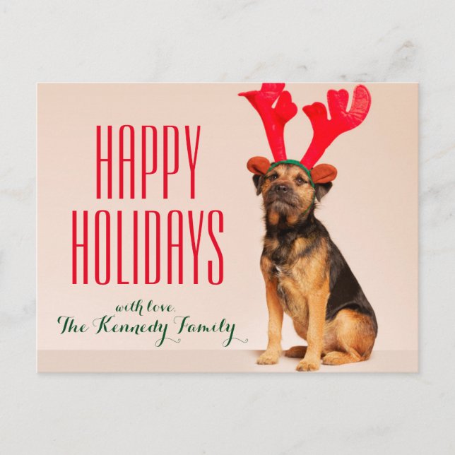 Dog Wearing Red Antlers Holiday Postcard (Front)