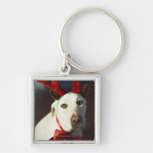 Dog wearing reindeer antlers key ring