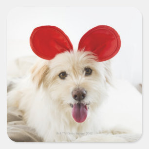 Dog wearing toy ears on bed square sticker