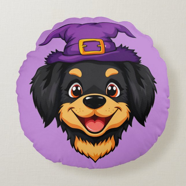 Dog Wearing Witch Hat Whimsical Halloween Décor Round Cushion (Front)