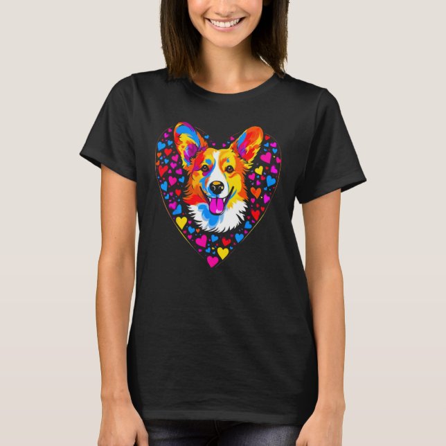 Dog Welsh Corgi Yellow Blue Red Heart T-Shirt (Front)